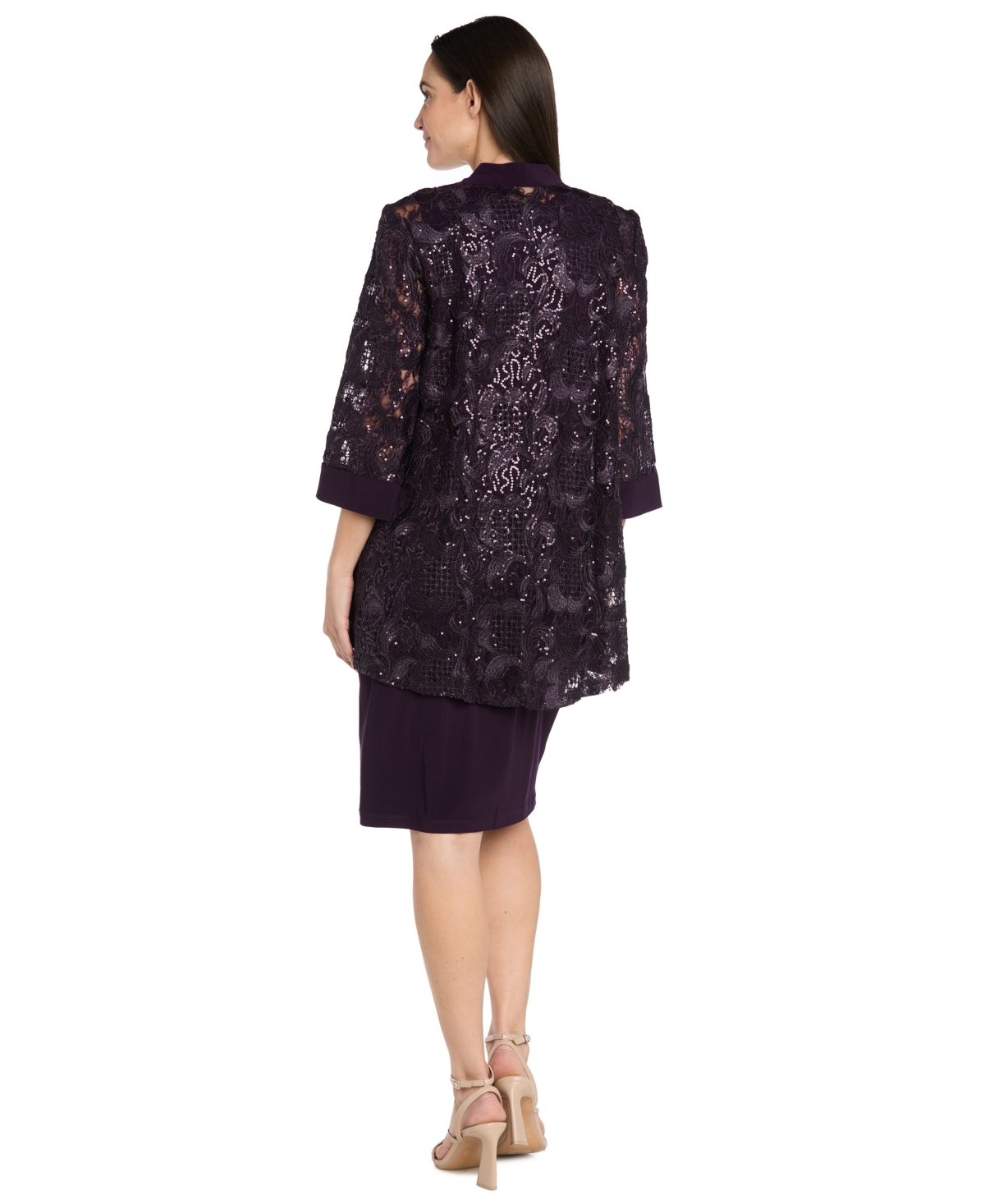 R & M Richards Petite 2-piece Embroidered And Sequin Cutout Jacket With Tank Dress In Purple