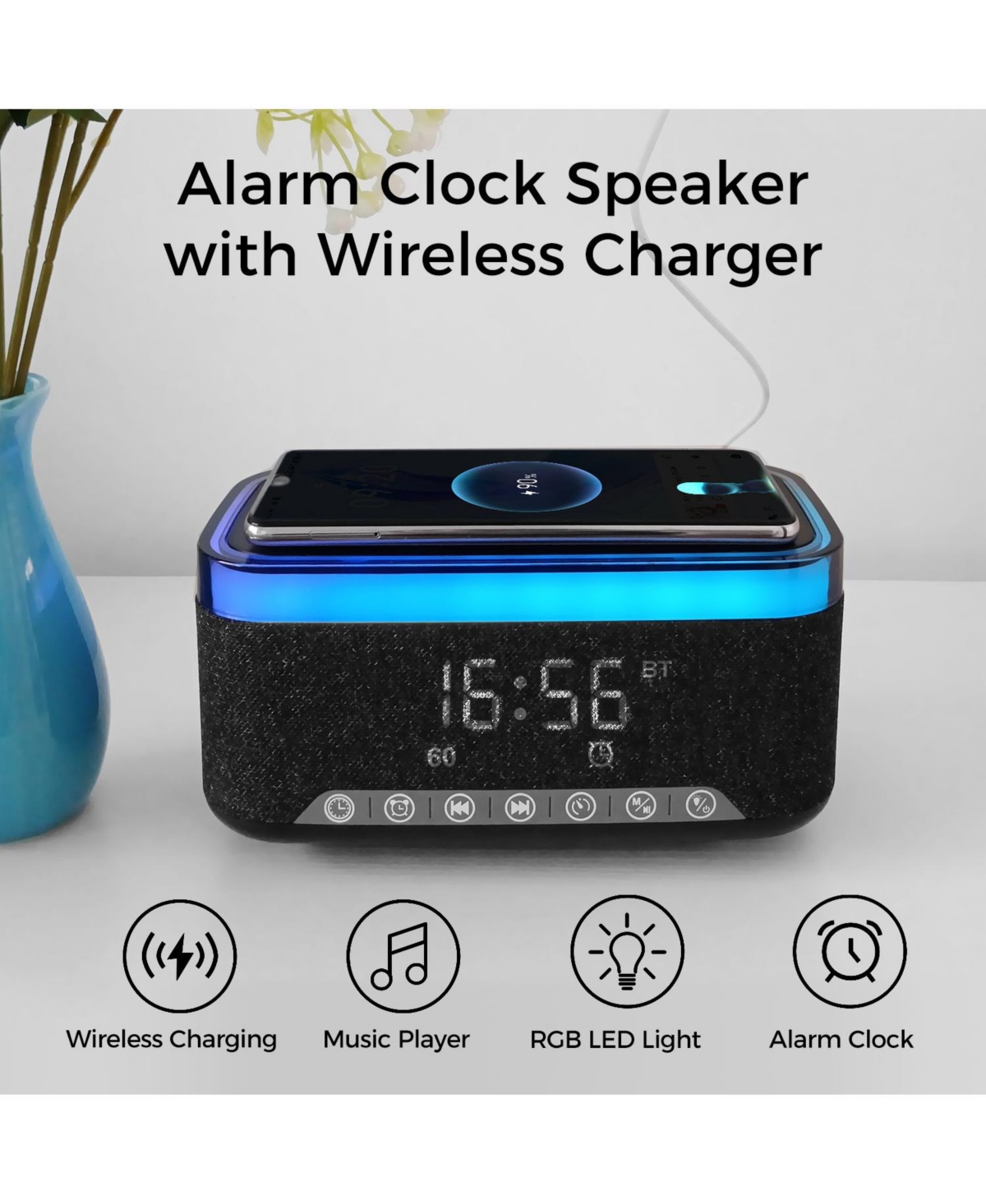 Alpha Digital 10W Bluetooth Stereo Speaker-Alarm Clock, Wireless Charging, Rgb light
