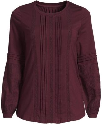 Women's Lightweight Jersey Lace Mix Long Sleeve Pintuck Top