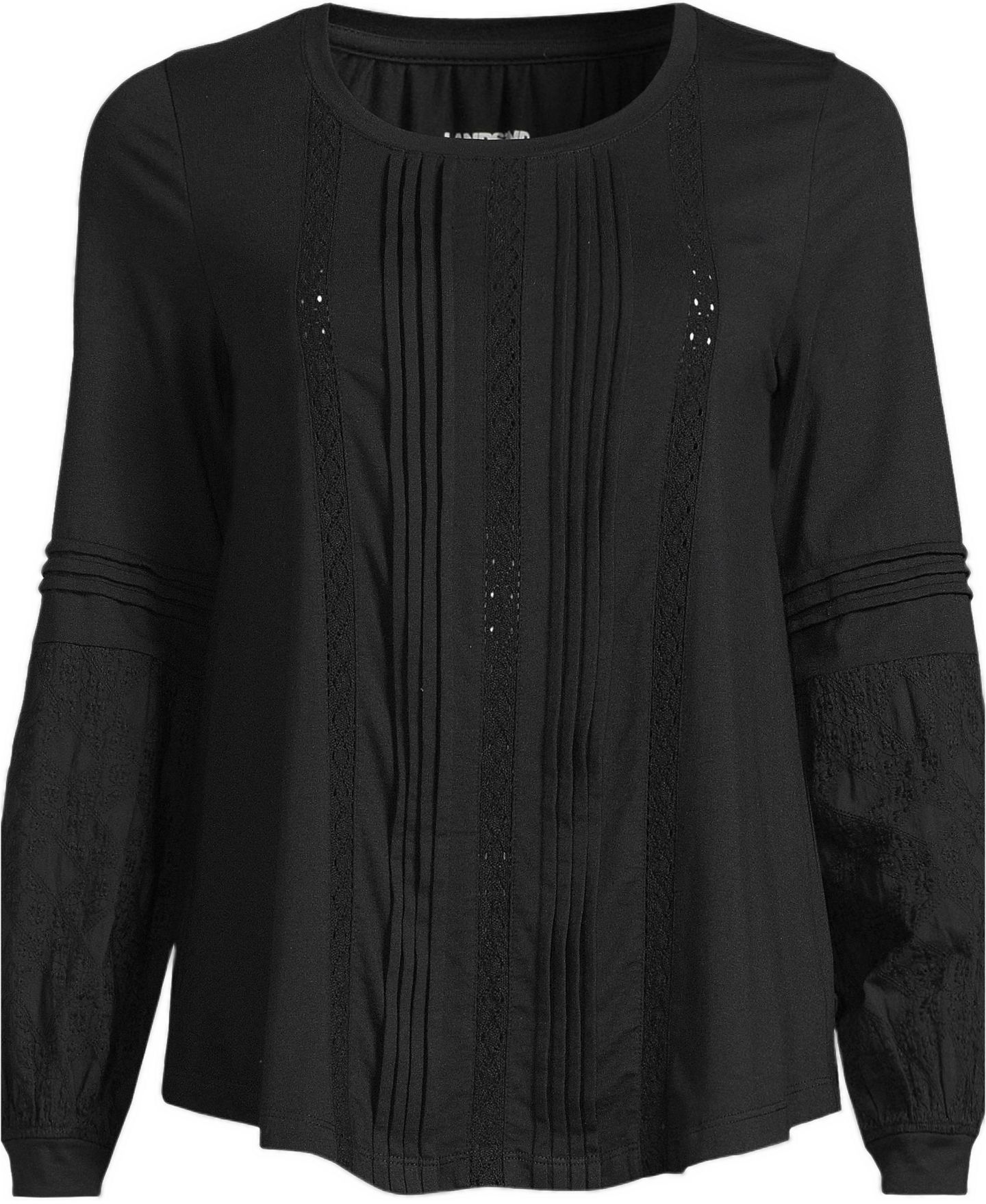 Женский топ Lands' End Lightweight Jersey Lace Mix Long Sleeve Pintuck, цвет: Чёрный — фото 3