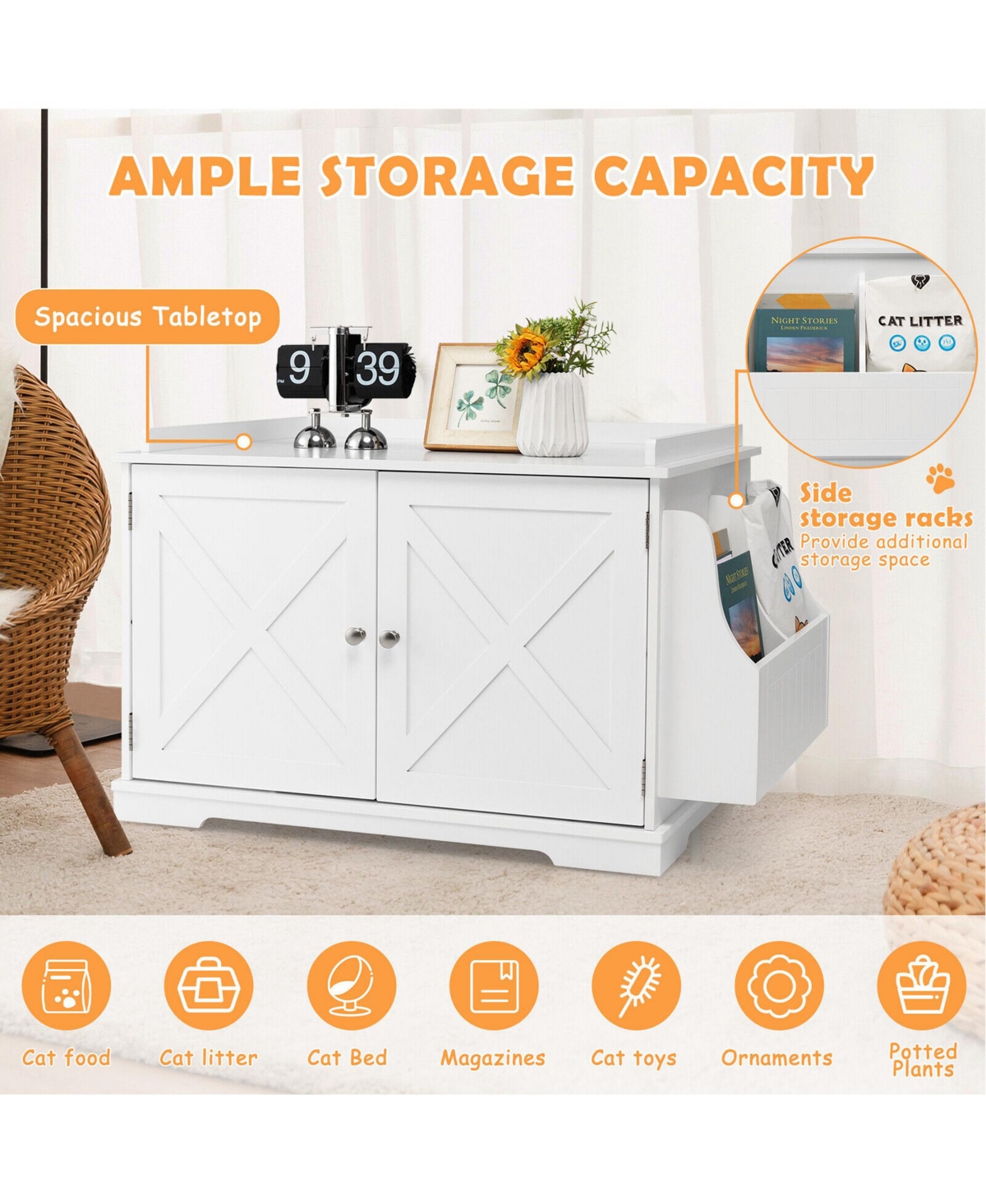 Gymax Large Side Table Furniture Wooden Cat Litter Box Enclosure Magazine Rack