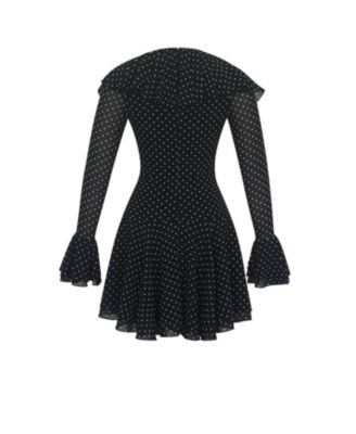 Women Omari Black Chiffon Polka Dot Ruffled Neckline Mini Dress