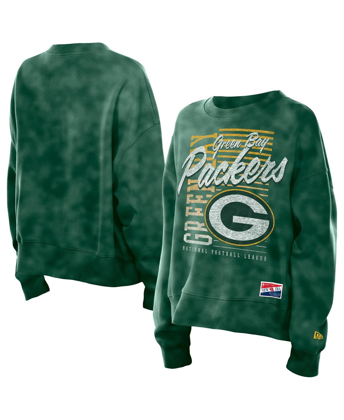 New Era Women's Green Green Bay Packers Oversized Throwback Mineral Wash Crew Neck Sweatshirt In Green