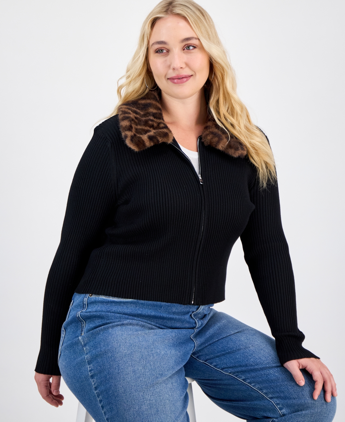 Madden Girl Trendy Plus Fur Collared Zip Cardigan