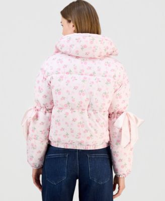 Juniors' Printed Bow-Trim Puffer Jacket