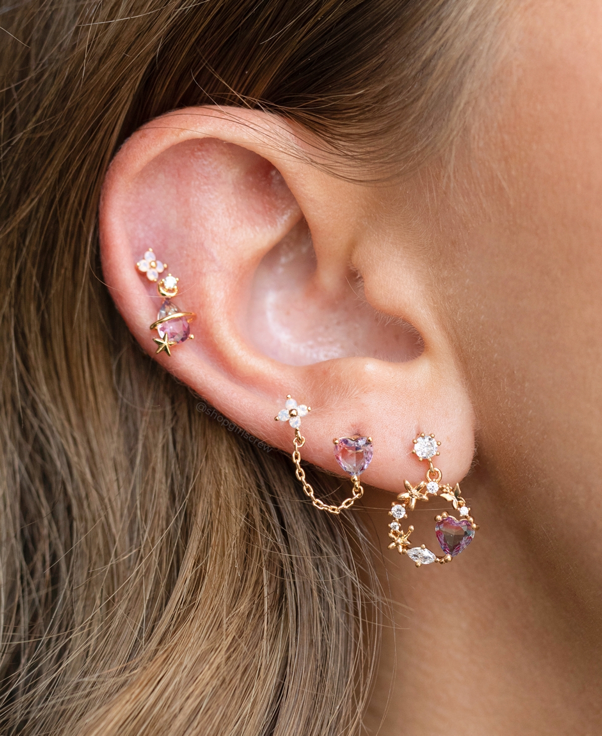 Girls Crew Gold Plated Love Blooms Double Crystal Piercing Style Earrings In Gold