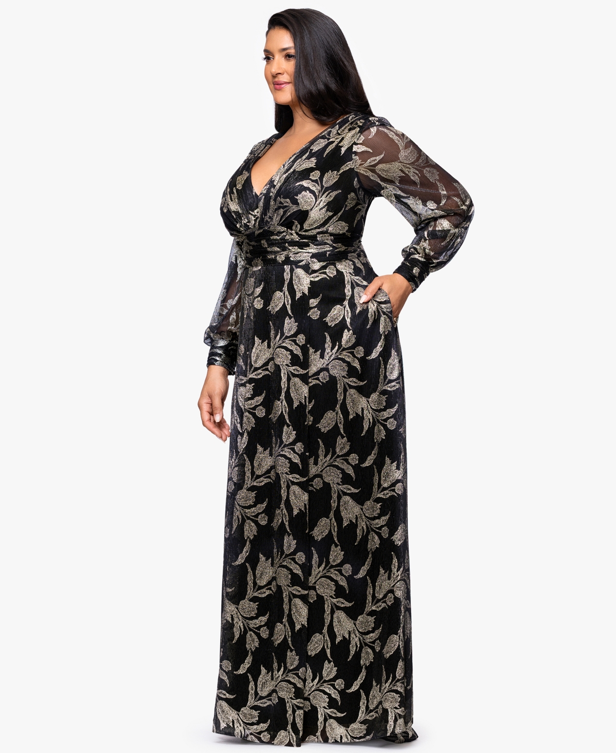 Betsy & Adam Plus Long Crinkle Sleeve A-Line Dress