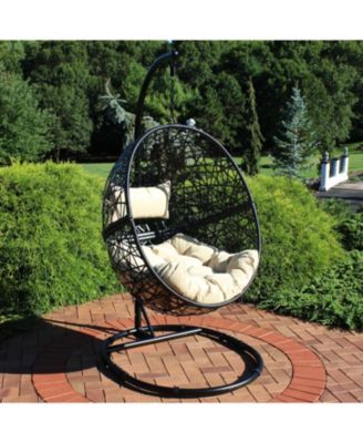 3pc Outdoor Resin Wicker Jackson Hanging Basket Egg Chair Swing with Cushions, Headrest, and Steel Stand Set