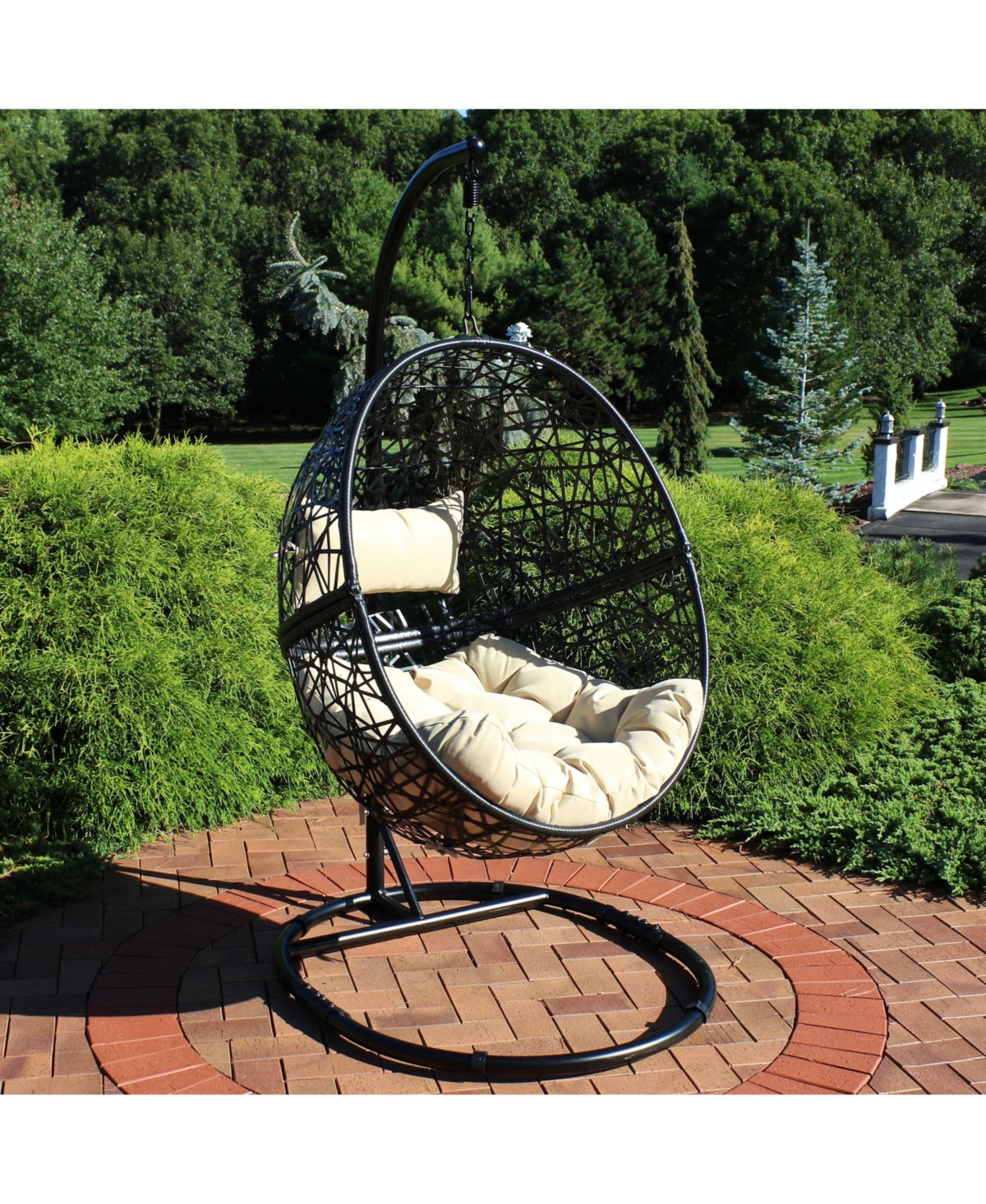 Outdoor Resin Wicker Jackson Hanging Basket Egg Chair Swing with Cushions, Headrest, and Steel Stand Set - 3pc