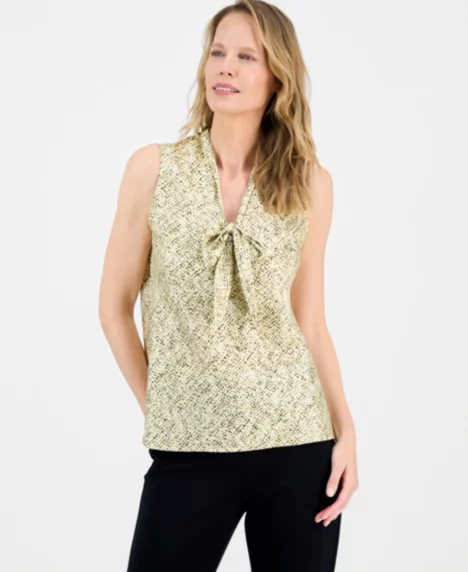 Women's Printed Satin Sleeveless Top, Regular & Petite - Pale Yellow Multi