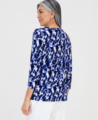 Women's Printed Pleat-Neck 3/4-Sleeve Top