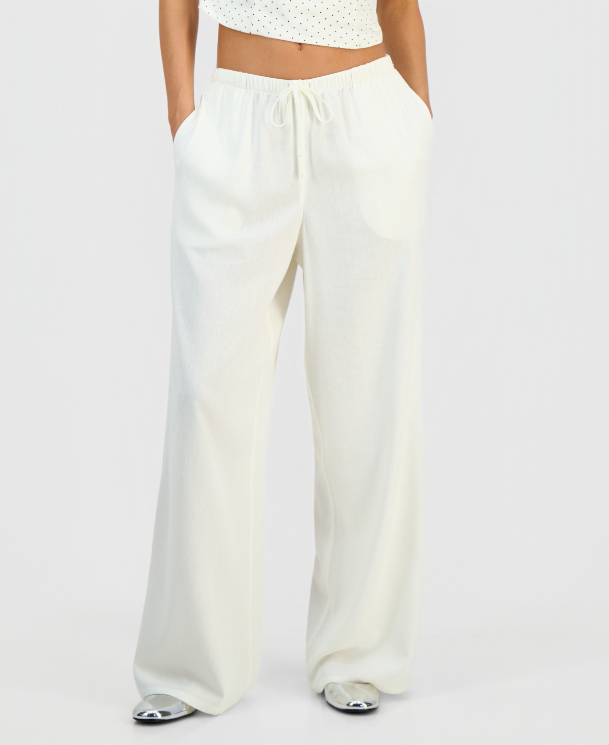 Hippie Rose Juniors' Linen-Blend Wide-Leg Tie-Front Drawstring Pants