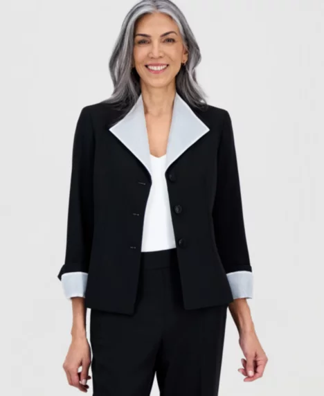 Women's Three-Button Long-Sleeve Blazer, Regular & Petite - Black/vanilla Ice