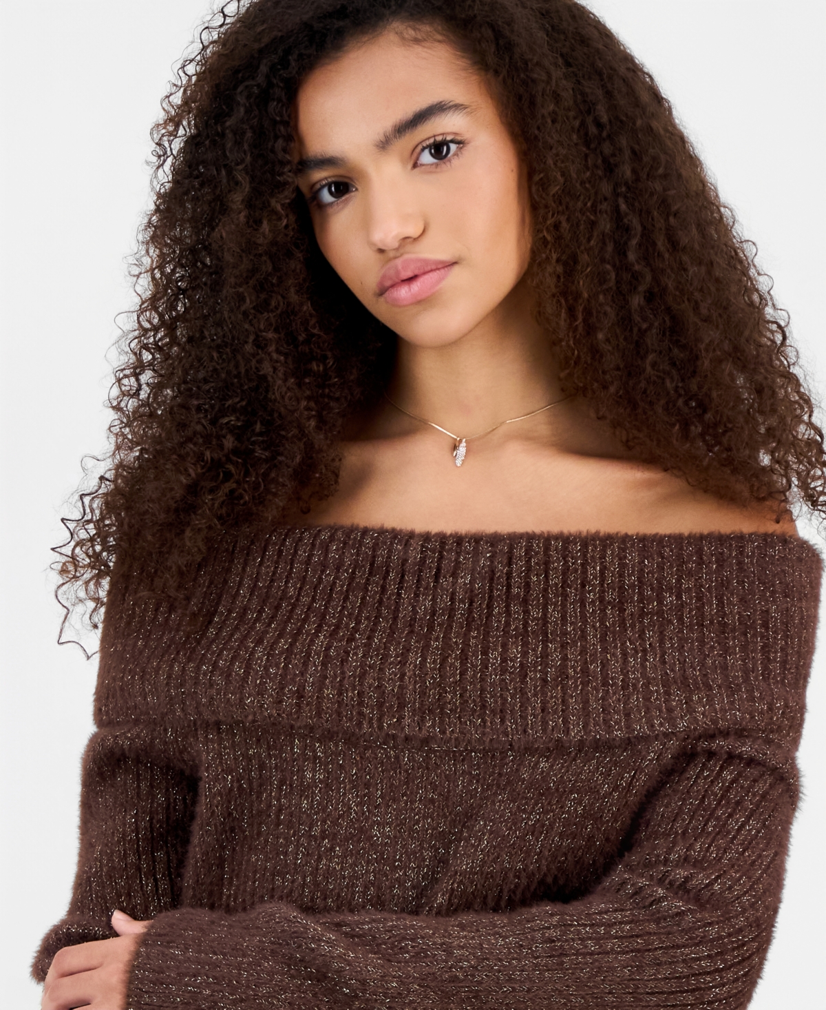 Hippie Rose Juniors' Marilyn Off-the-shoulder Lurex Sweater In Gray