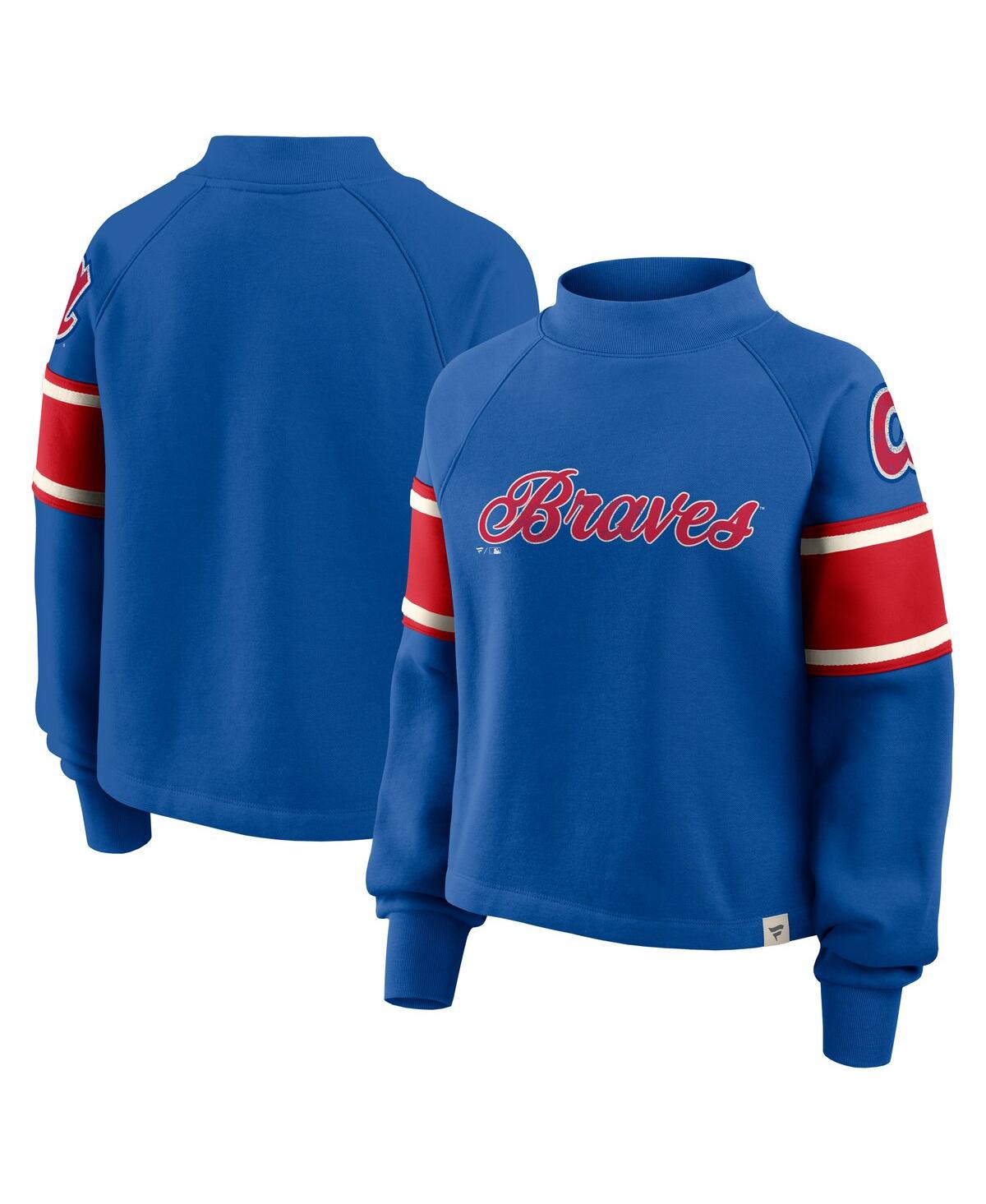 Fanatics Women's Royal Atlanta Braves Oversized Toss Sweep Raglan Pullover Sweatshirt In Blue