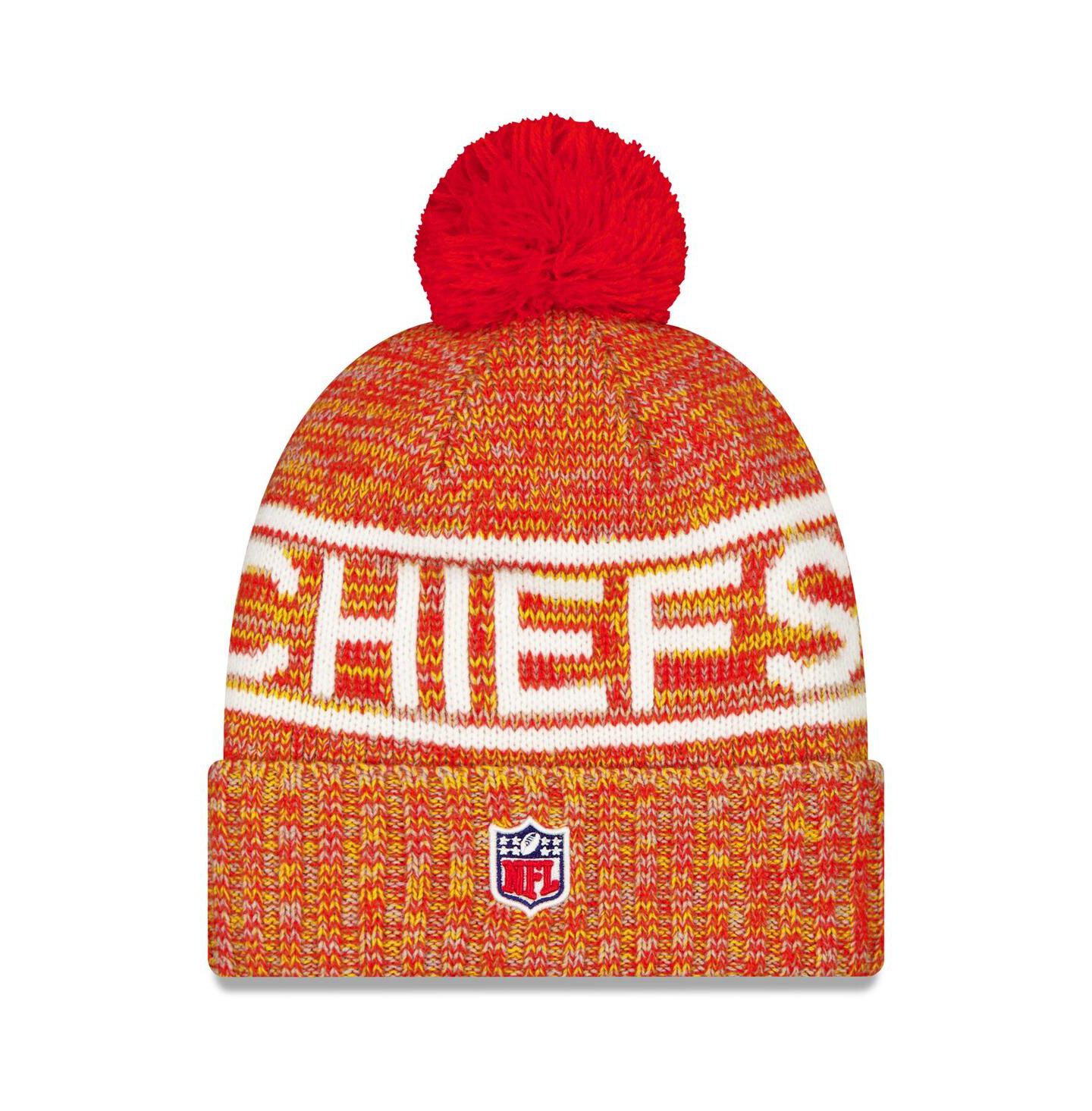 Мужской головной убор New Era Red Kansas City Chiefs 2025 Sideline Cold Weather Cuffed Knit with Pom Hat — фото 2