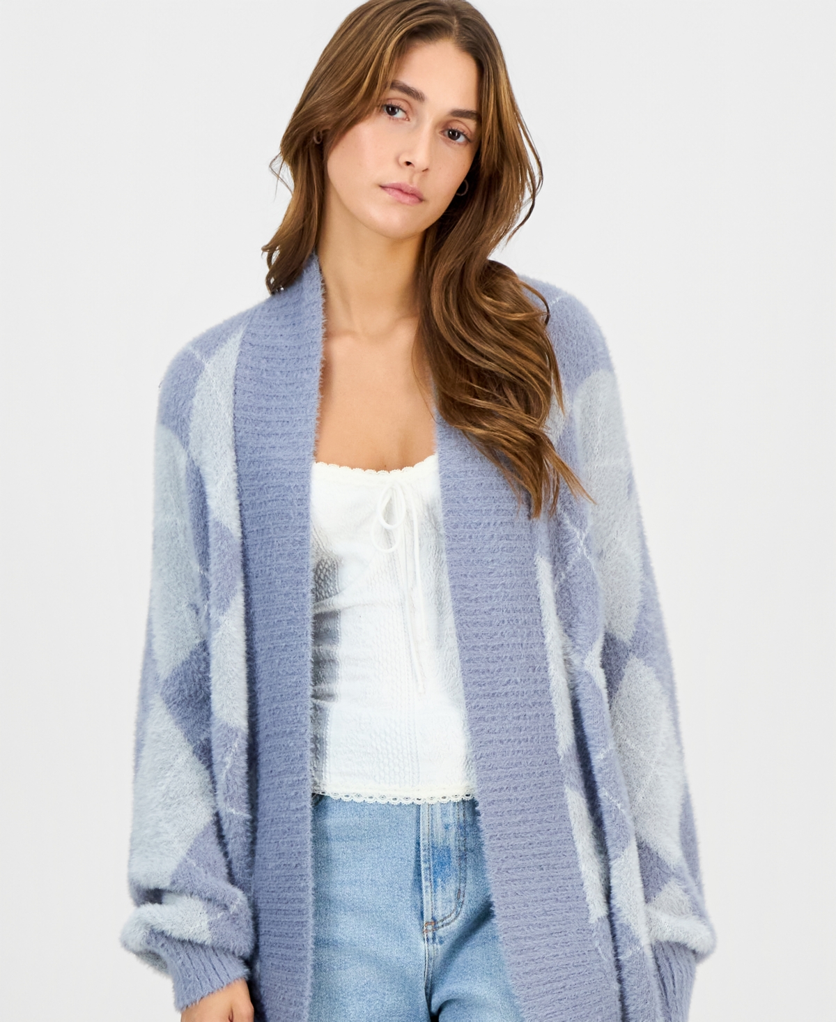 Hippie Rose Juniors' Open-front Eyelash Cardigan In Blue