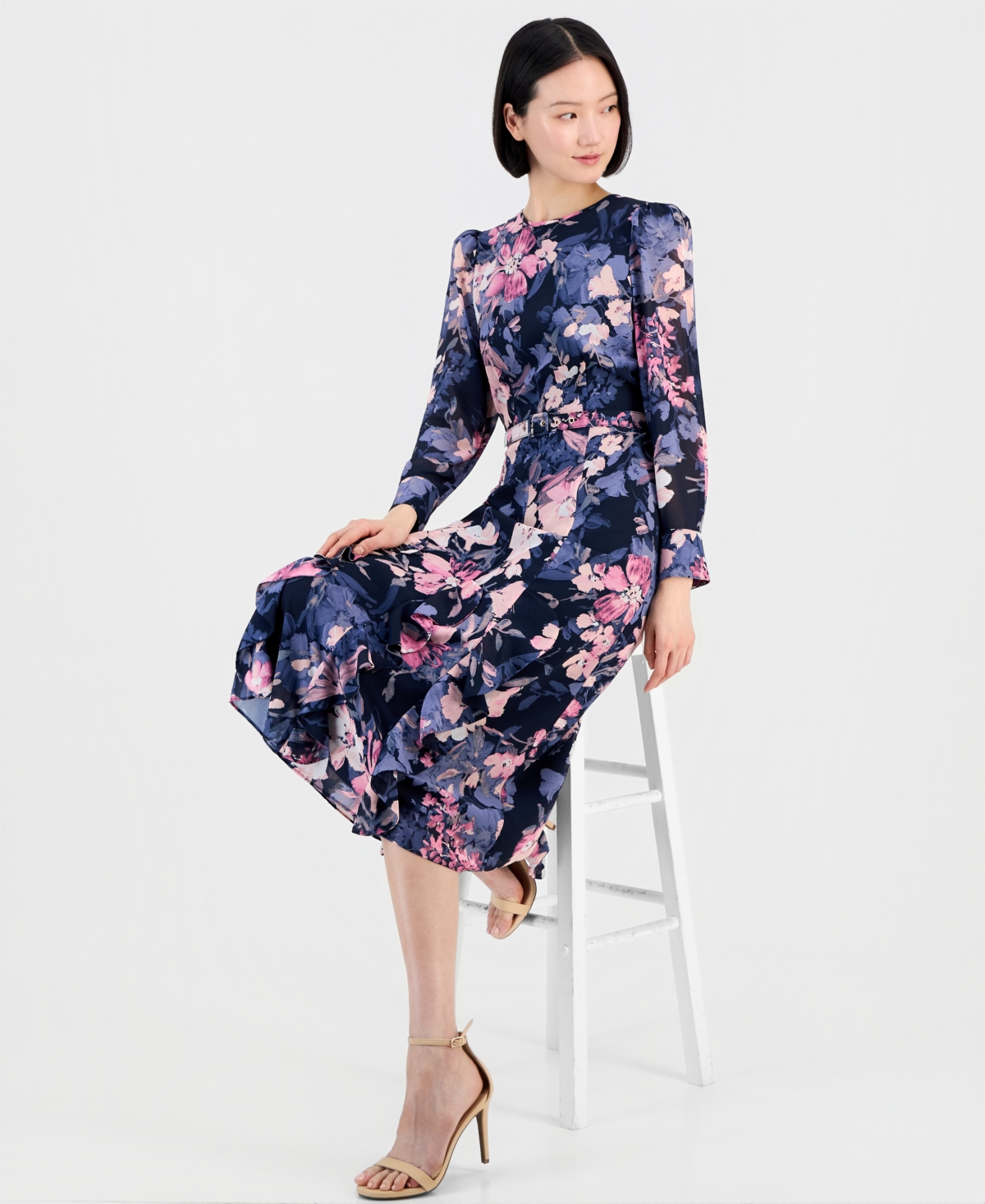 Tahari Asl Women's Floral Long-Sleeve Ruffled Dress