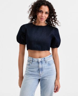 GUESS - Women's Cropped Puffed-Sleeve Top