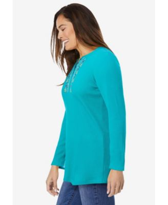 Women's Plus Size Embroidered Thermal Henley Tee