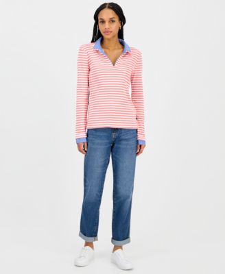 Women's Striped Double Collar Long Sleeve Cotton Shirt