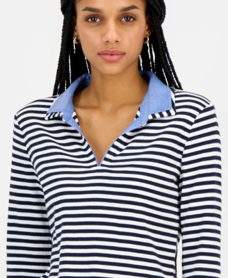 Nautica Women's Striped Double Collar Long Sleeve Cotton Shirt