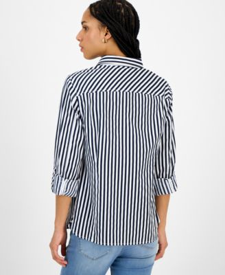 Women's Striped Roll-Tab-Sleeve Cotton Shirt 