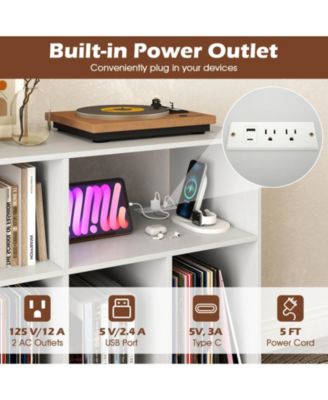 Large MDF Record Player Stand Cabinet with Built-In Power Outlet and Open Shelves