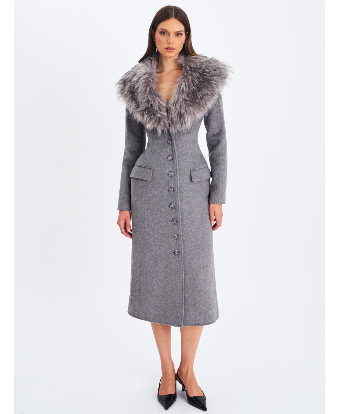 Женское пальто Miss Circle Faye Grey Wool Blend Single-Breasted Coat with Removable Faux Fur Collar, цвет: Серый — фото 1
