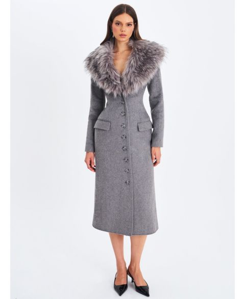 Женские куртки Miss Circle Women's Faye Grey Wool Blend Single-Breasted Coat with Removable Faux Fur Collar