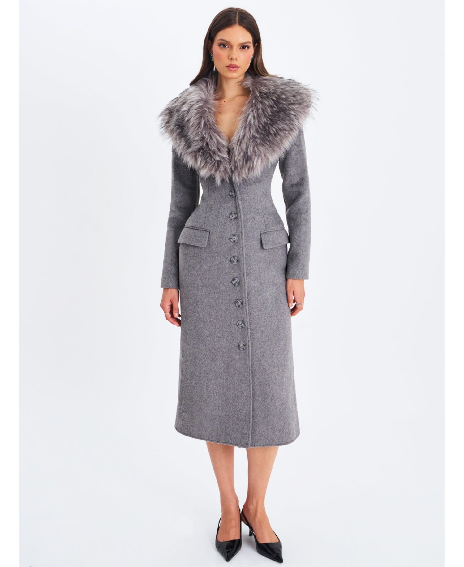 Women's Faye Grey Wool Blend Single-Breasted Coat with Removable Faux Fur Collar