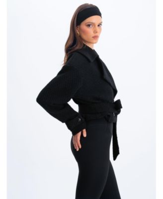 Women's Dara Black Wool Blend Cropped Double-Breasted Belted Coat