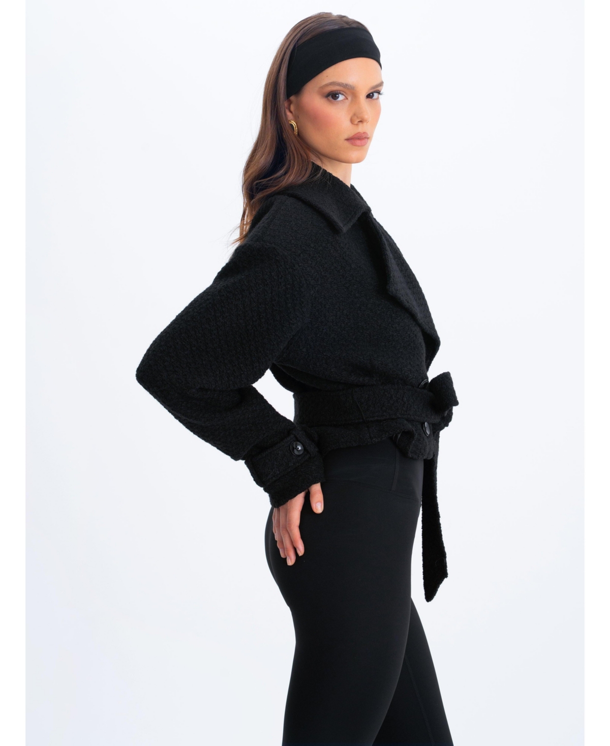 Miss Circle Women's Dara Black Wool Blend Cropped Double-Breasted Belted Coat