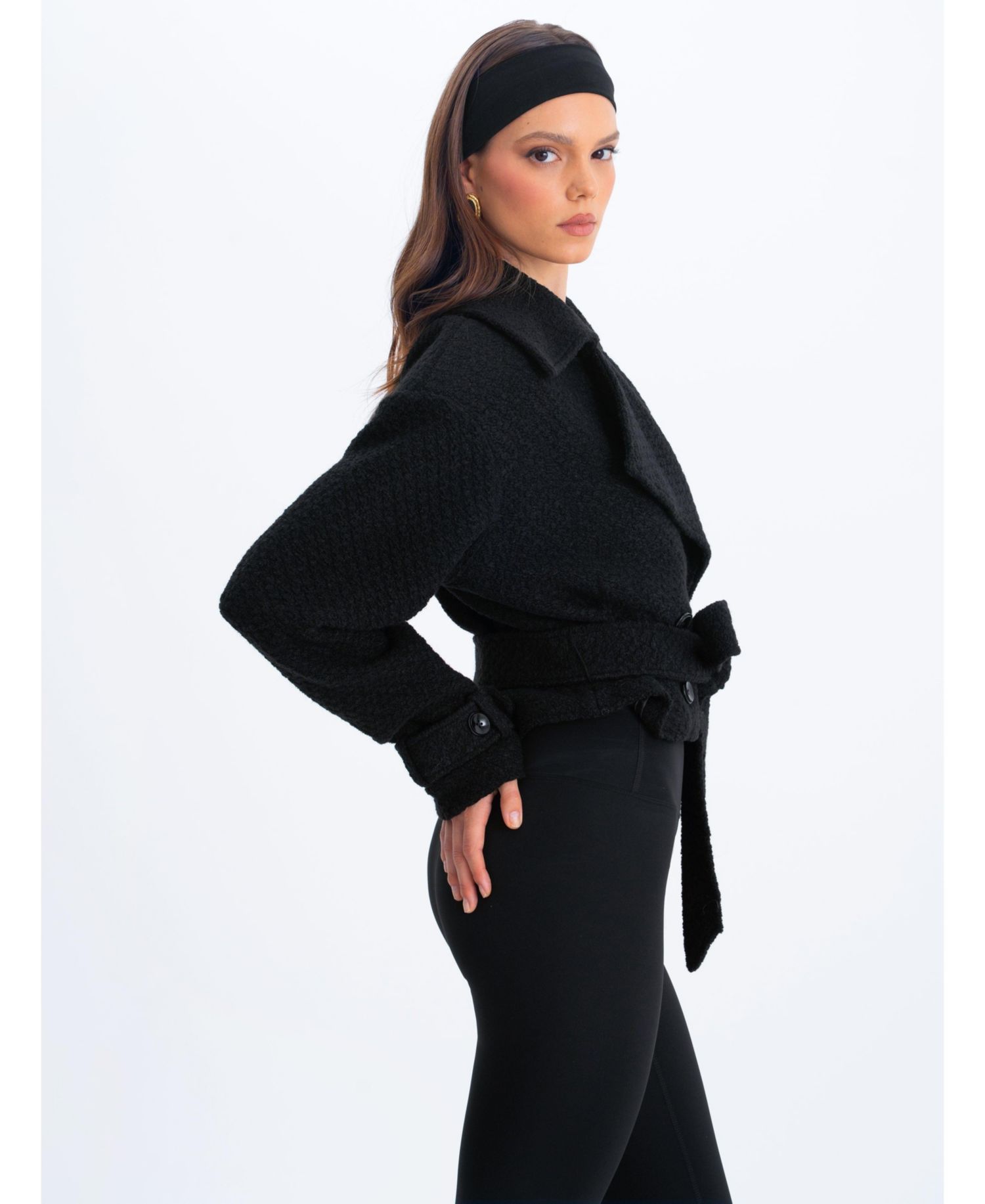 Women's Dara Black Wool Blend Cropped Double-Breasted Belted Coat
