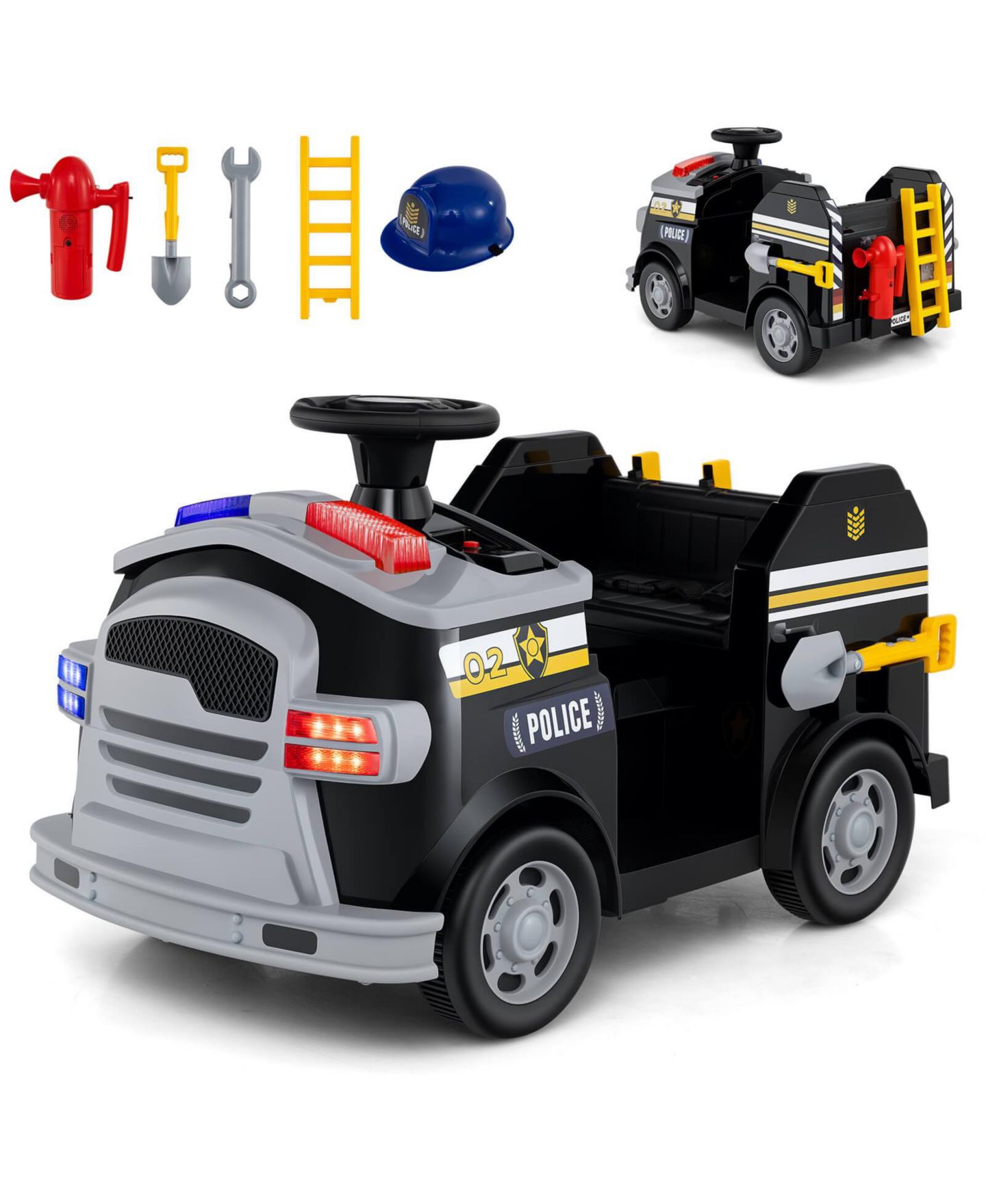 Детская игрушка Costway 12V Kids Fire Truck Ride-On with Shovel & Wrench, 3–7 лет, цвет: Чёрный — фото 3