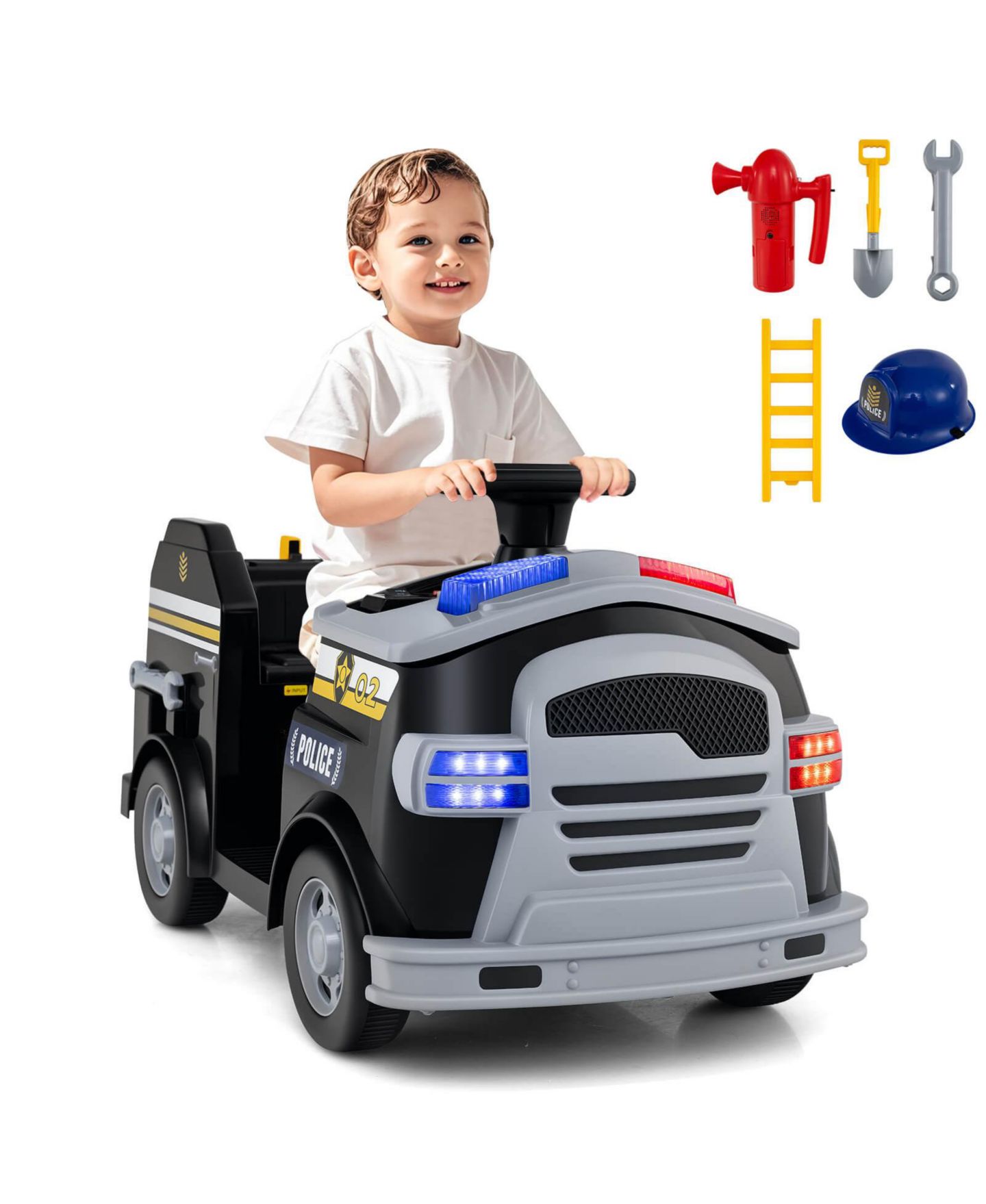 Детская игрушка Costway 12V Kids Fire Truck Ride-On with Shovel & Wrench, 3–7 лет, цвет: Чёрный — фото 11