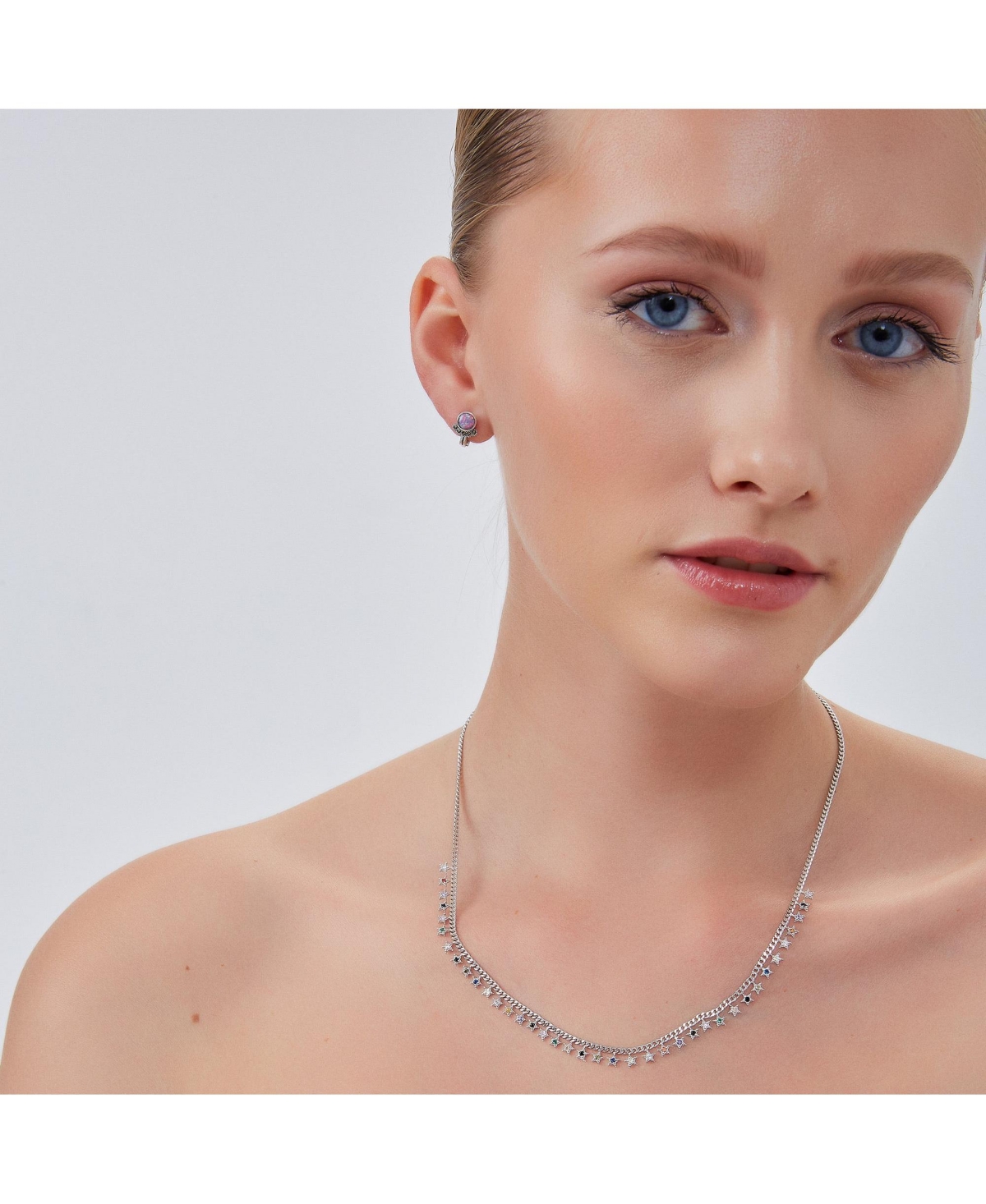 Rainbow Multiple Star Station Necklace Sterling Silver