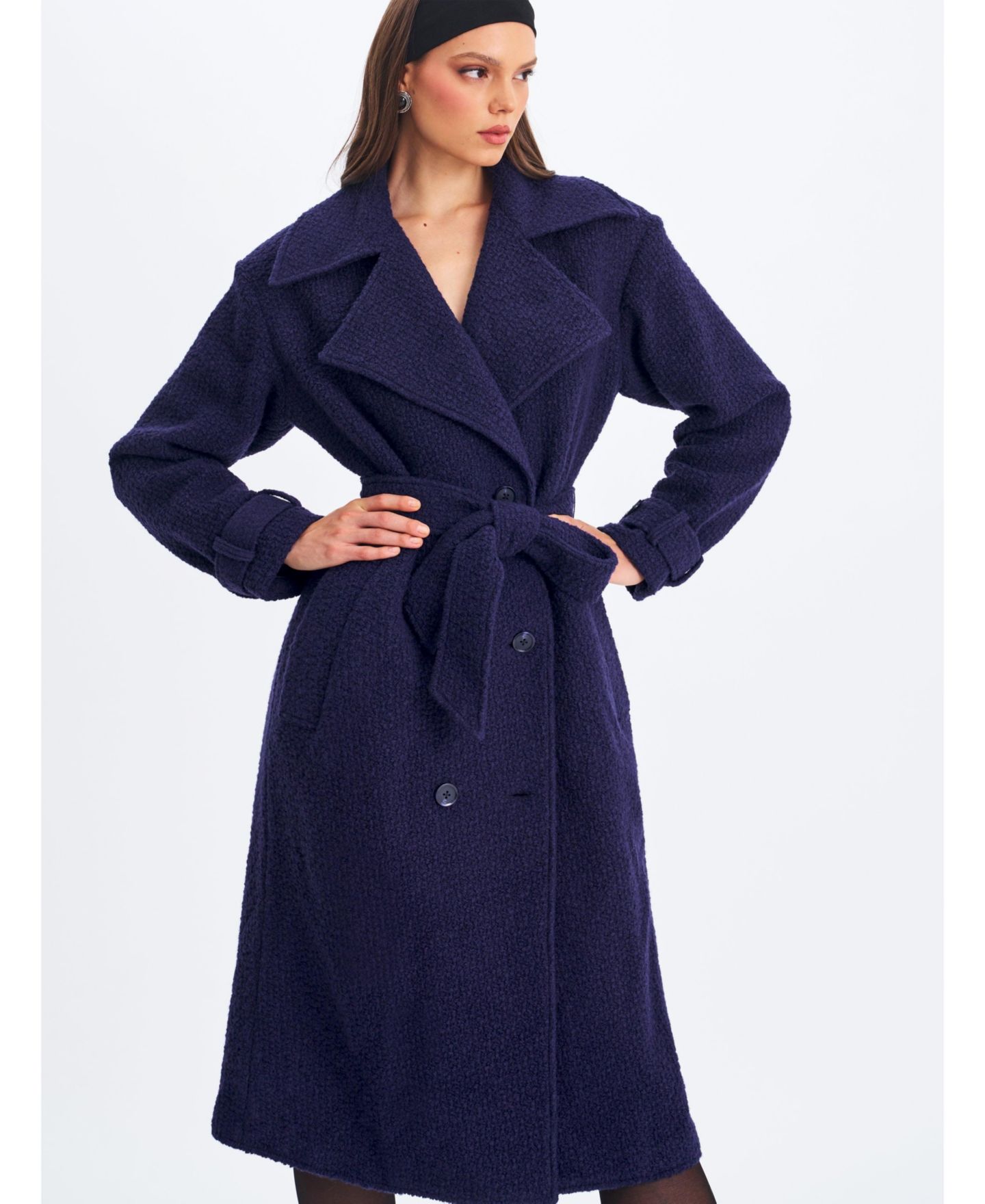 Женское пальто Miss Circle Jaelyn Midnight Blue Wool Blend Double-Breasted Belted, цвет: Тёмно-синий — фото 11
