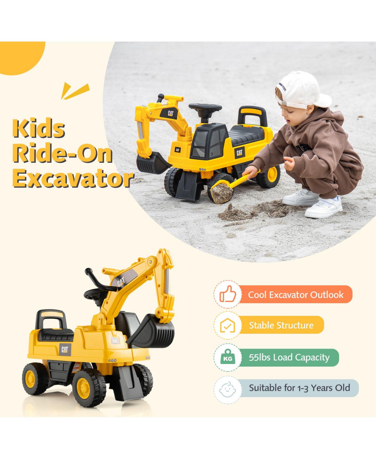 Детский экскаватор-каталка Costway Caterpillar с регулируемым ковшом, до 55 фунтов, цвет: Жёлтый — фото 10