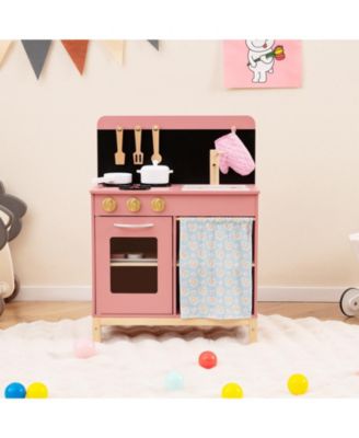 Play Kitchen for Kids w/ Door Curtain Stoves Sink & Oven Cookware Accessories