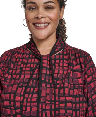 Plus Size Printed Long Sleeves Tie Neck Top