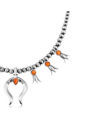 Sterling Silver Orange Spiny Oyster Beaded Squash Blossom Necklace, 16 to 19 Inches