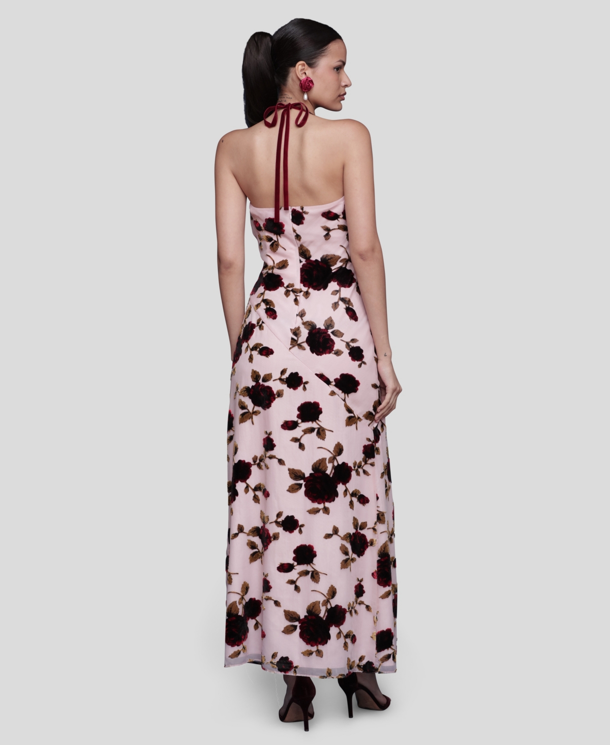 Avec Les Filles Floral Devoré Halter Maxi Cocktail Dress In Multi