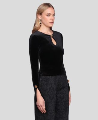 Women's Long Sleeve Rose Button Velvet Top