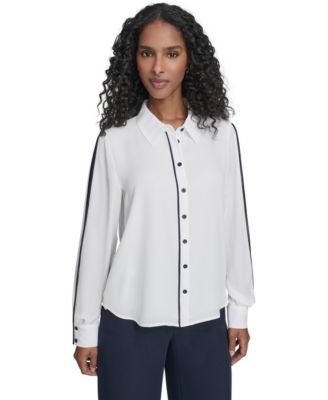 Tommy Hilfiger - Women's Long Sleeve Contrast Trim Button-Up Blouse