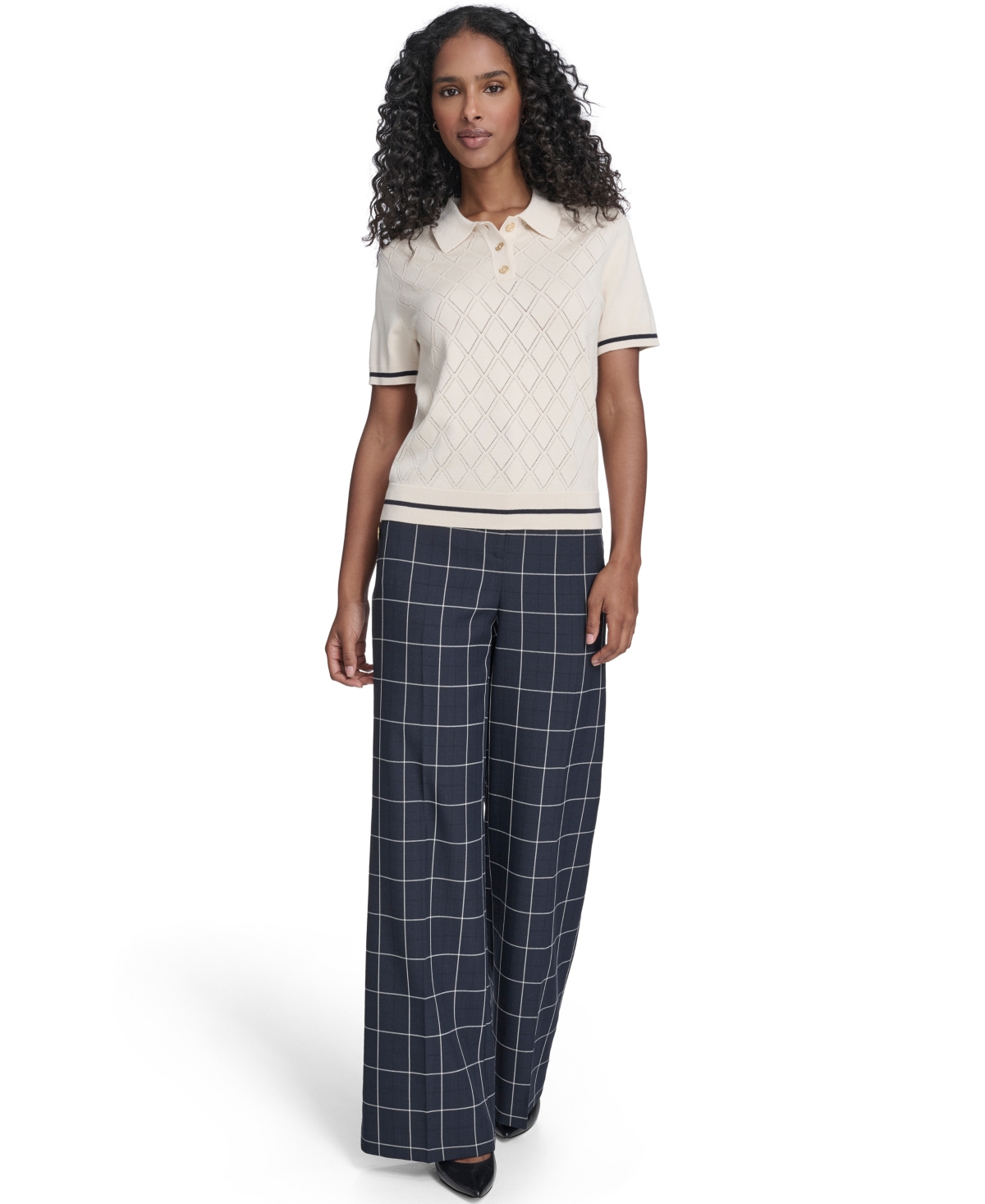 Tommy Hilfiger Women's Short Sleeve Pointelle Polo Sweater In White