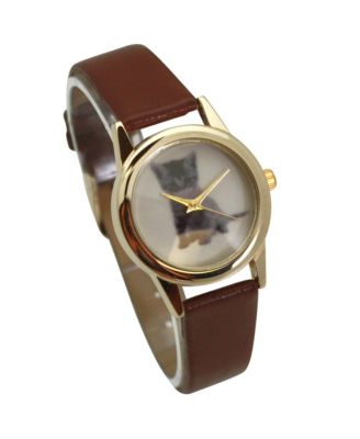 Brown Cat and Dog Face Faux Leather Band Women Watch