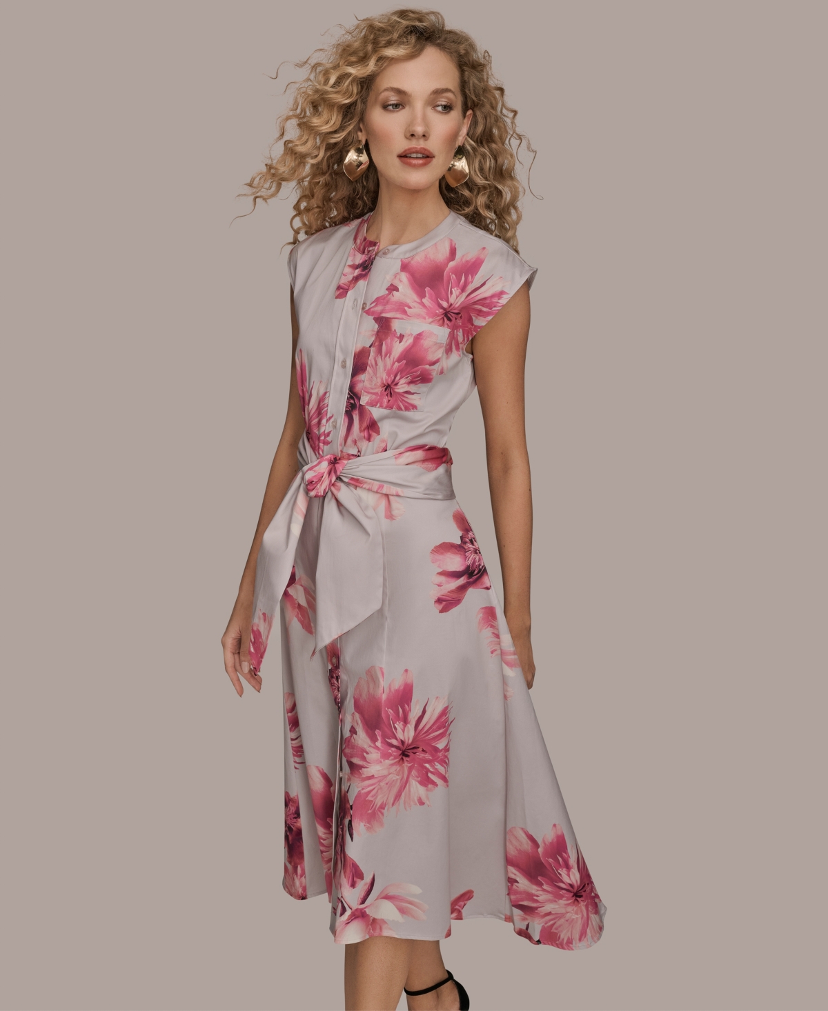 Donna Karan New York Floral Tie Front Cap Sleeve Stretch Cotton Shirtdress In Multi