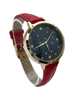 Stars and Rhinestones Faux Leather Women Watch, Burgundy