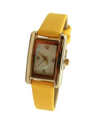 Yellow Thin Gold Square Face Solid Faux Leather Women Watch